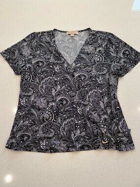 Michael Kors Black & White Paisley Short Sleeve Wrap Top Size L Gold Hardware